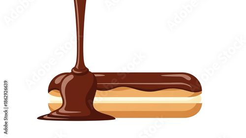 A sweet pastry, creamy filling, topped with a dark, flowing chocolate cascade on a simple white background