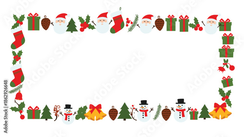Decorative Christmas border frame composed of various festive icons like santa, reindeer, snowman, trees, bells, gifts, and holly around a blank center.