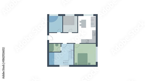 A top-down illustration of a two-story home's layout. Contains rooms, windows, doors, and a staircase. The illustration uses cool tones with colored room divisions