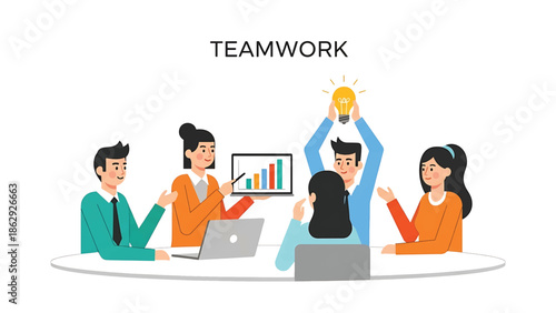 A team is gathered, collaboratively analyzing data presented on a screen while one member has a lightbulb representing idea generation