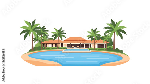 A stylized illustration showcases a tropical resort scene. A large pool fronts a building with a red-tiled roof and palms