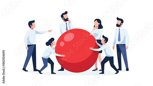 A team of six individuals cooperatively rolling a large, red sphere, illustrating teamwork, support, and collaboration in business or project