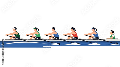 A team of six rowers in a boat is depicted. They are wearing different color tops. The boat is in a textured blue water. The oars are black