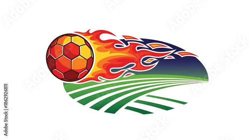 A stylized image features a soccer ball in flames, soaring above green fields and under a blue sky. The graphic is vibrant and dynamic