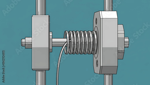 A technical illustration of a mechanical apparatus featuring a central spring surrounded by metal components. The design is displayed in a 3D rendered style against a teal background