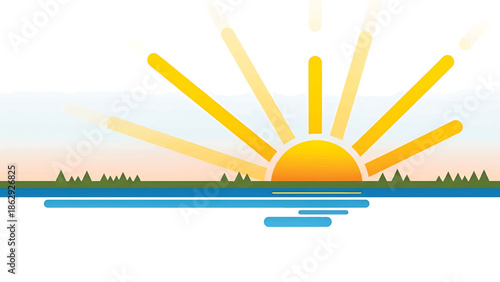 A stylized sunrise over water, featuring a sun with rays, a green landmass with trees, and the horizon. A minimalistic landscape