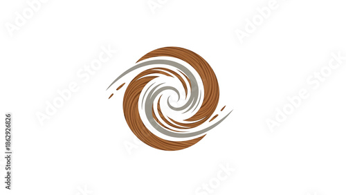 A stylized swirl of wooden and silver lines, creating a central vortex against a white backdrop. It evokes energy and movement