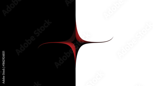 A symmetrical abstract design divides the space. A red, curved shape emerges between the black and white zones, extending into delicate, elongated points