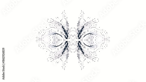 A symmetrical abstract artwork, featuring a complex design of connected lines and dots, creating an organic, stylized pattern on white backdrop