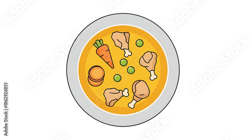 A top-down view of a round white bowl containing a yellow broth with chicken drumsticks, green peas, carrots and carrot slices