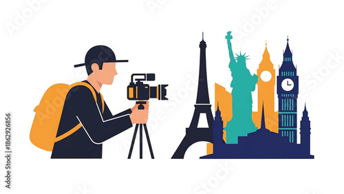 A tourist aims a camera at various global landmarks in a stylized, textured illustration