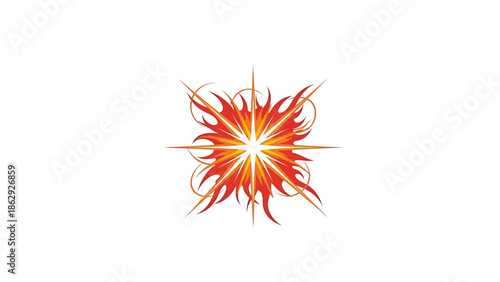 A symmetrical abstract design on white background, featuring a vibrant explosion of color, with fiery red, orange, and yellow hues