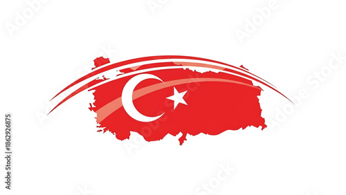 A stylized representation of a landmass, red with white crescent and star, arcs overhead, with a detailed map within