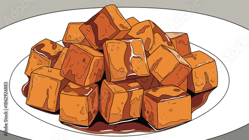 Appetizing pile of golden brown fried tofu cubes drizzled with a rich dark soy-based sauce served on a white plate in an anime style illustration.