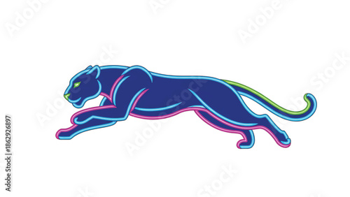 A stylized running big cat silhouette with neon-like outlining of blue, pink, and green against a white background. This design has a textured, vintage feel