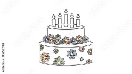 A two-tiered cake illustration featuring flowers and lit candles on top. The cake has floral decorations and a simple outline style. The colors are muted