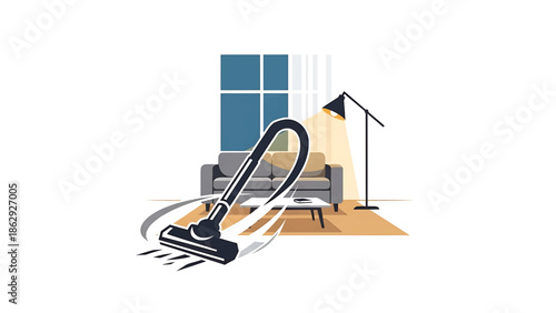 A vacuum cleaner illustration depicts cleaning a living room with a sofa, lamp, and window, all set on a rug. The design has a modern, minimalist feel