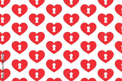 Key hole heart pattern . Red heart shaped padlocks background . Vector illustration