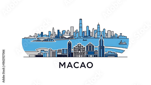 A vector illustration depicts a city skyline set against a blue backdrop, with simple shapes and lines, and the city name beneath