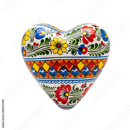 Decorative heart-shaped ceramic container with colorful floral and geometric patterns