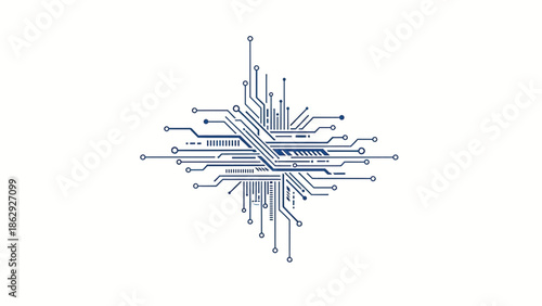 A technical illustration of an abstract electronic circuit board design, presented in blue lines on a white background, suggesting technology