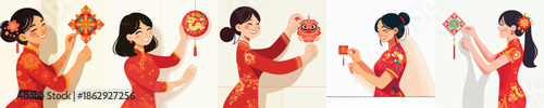 vector of woman installing Chinese New Year accessory decorations