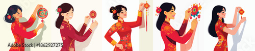 vector of woman installing Chinese New Year accessory decorations