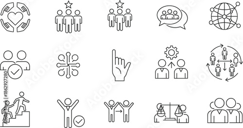 Set of business teamwork icons for social cooperation leadership community support group communication and professional relationship management isolated on white background,