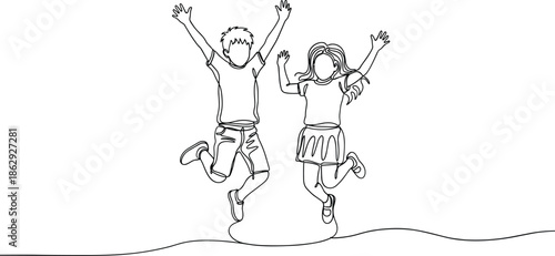 Happy children jumping with joy together outdoors