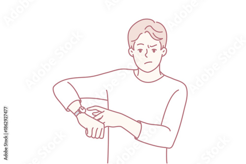 Angry young man point at wristwatch warn about deadline. Mad male notify about missing time showing on clock on wrist. Vector illustration.
