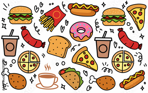 Seamless pattern background Food and ingredient kids hand drawing set illustration isolated on white background