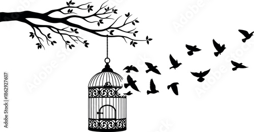 Birds flying out of an open birdcage hanging from a tree branch on isolated