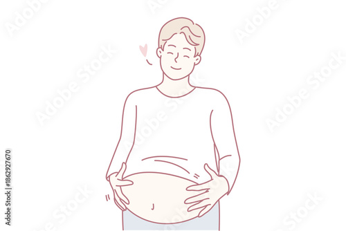 Happy fat man holding big belly feeling body positive. Smiling overweight guy with huge stomach with self-acceptance. Vector illustration.