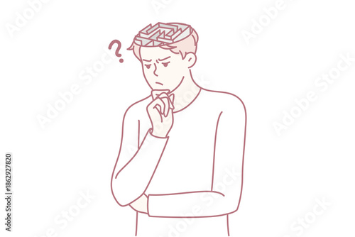 Confused young man with labyrinth in head think of problem solution. Frustrated male make decision contemplating solving trouble. Dilemma. Vector illustration.