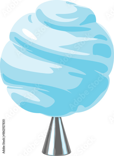 Blue cotton candy illustration, fluffy sweet carnival dessert, spun sugar treat on stick isolated on white background, vector graphic design
