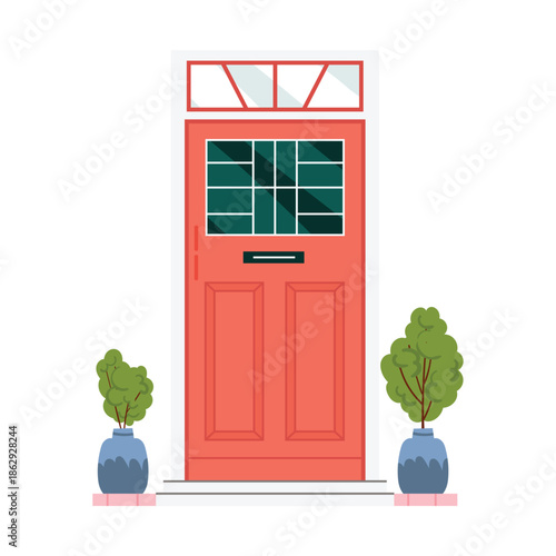 Red front door with window, steps and mailbox, green trees in pots vector illustration