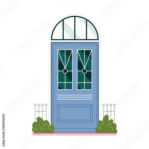 Blue front door with arched window for home entrance exterior and entry from street vector illustration