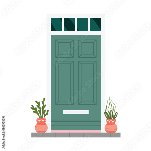 Green closed front door with potted plants on doorstep, elegant entrance to house vector illustration