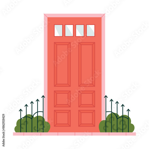 Red front door with rectangular windows and green plants behind fence bars vector illustration