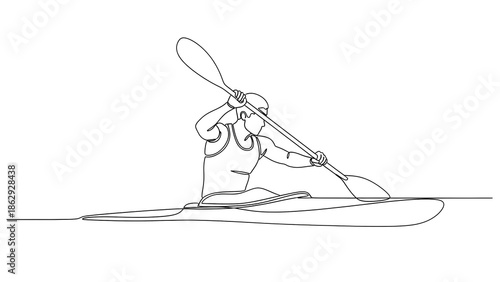 Line drawing of a person kayaking on calm water  