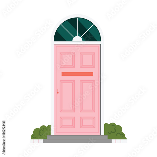 Front home door with arch window and mail box, building entrance vector illustration