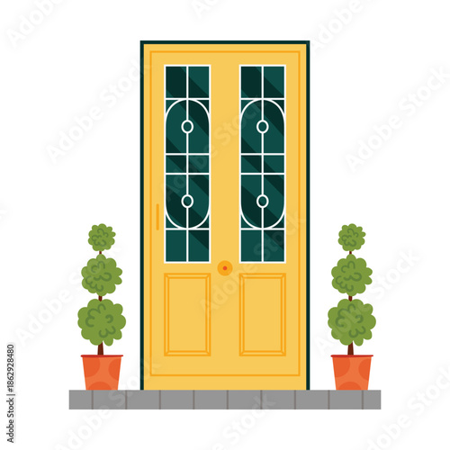 Yellow front door to house with mosaic decoration on windows, trees in pots on threshold vector illustration