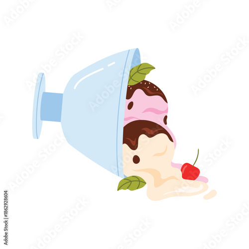 Glass cup of ice cream fallen, balls of vanilla and strawberry gelato melt in puddle vector illustration