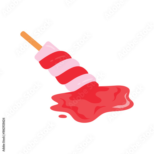 Dropped twisted ice cream on stick, frozen fruit yogurt melting and flowing vector illustration
