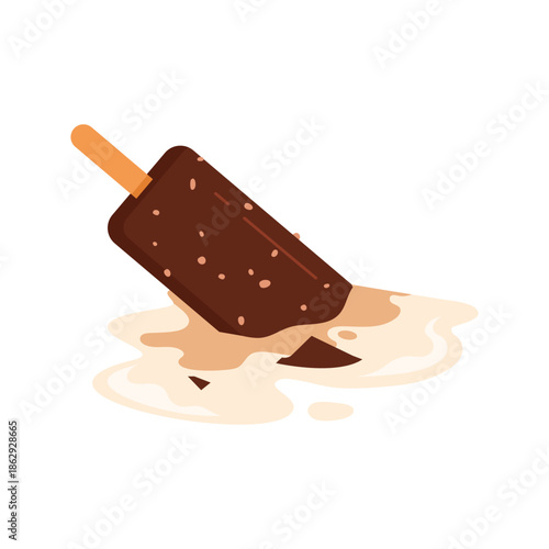 Fallen popsicle with chocolate glaze and nuts, melting ice cream vector illustration