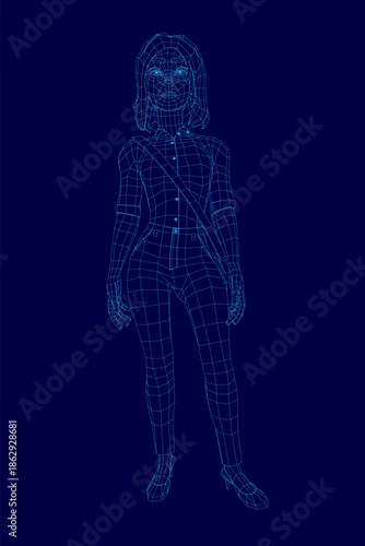A professional woman in a blue suit carries a bag, depicted as a detailed 3D wireframe model against a dark blue background.