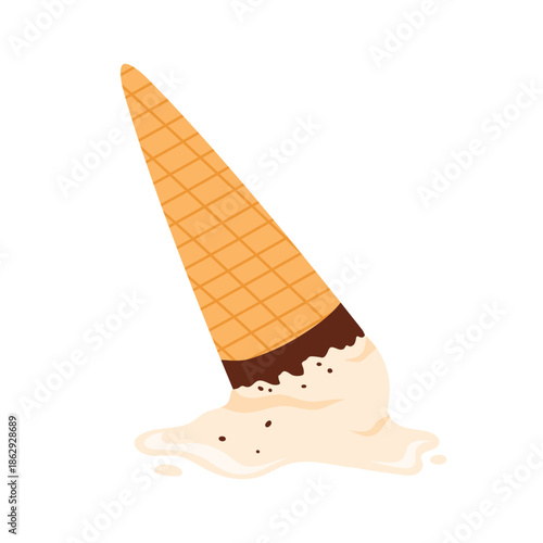 Dropped ice cream, melted one scoop of vanilla gelato in waffle cone vector illustration