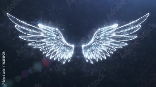 Ethereal Glowing Angel Wings Formed by Sparkling Particles Against a Dark Cosmic Background, Symbolizing Freedom, Spirituality, and Divine Grace