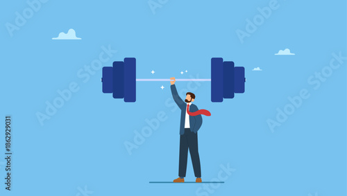 Strong businessman show his strength by easy lifting heavy weight. Business Strengths, strong power to get job done and success, career challenge or winning skill with strong leadership.