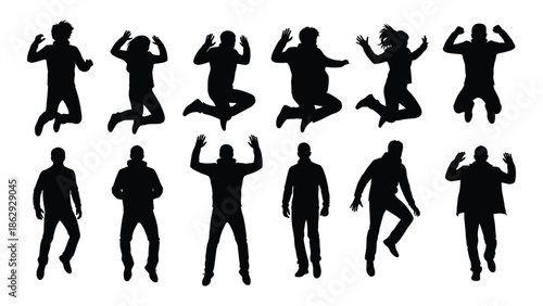 Silhouettes of people in dynamic poses jumping running and expressive gestures